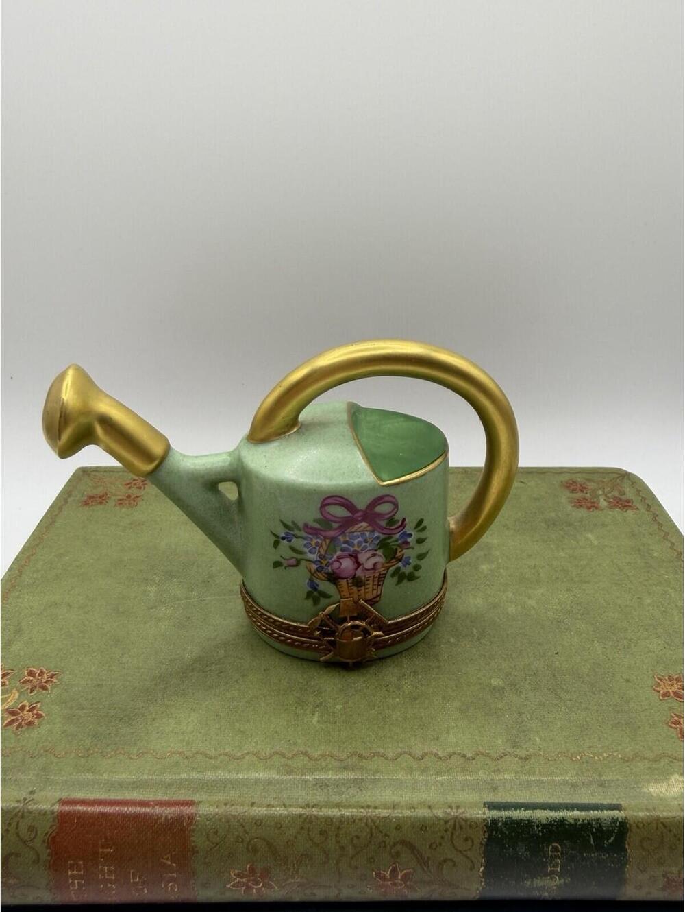 Limoges France Porcelain Watering Can W/ Flowers Trinket Box Hinged Lid Signed